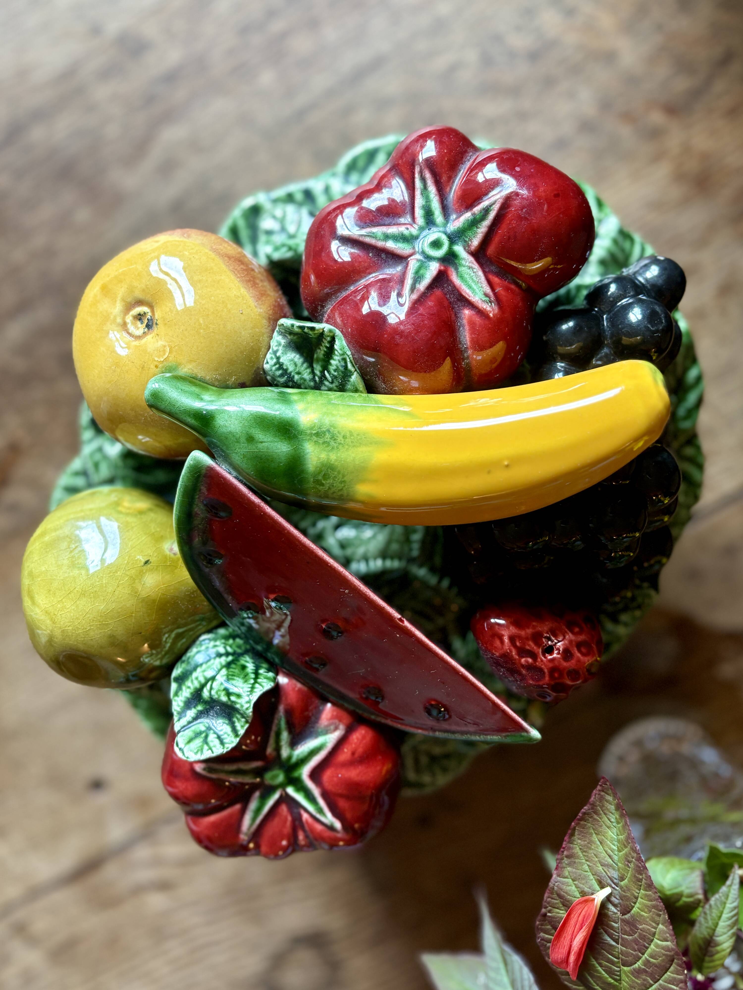 Vintage barbotine dish with fruit decorations