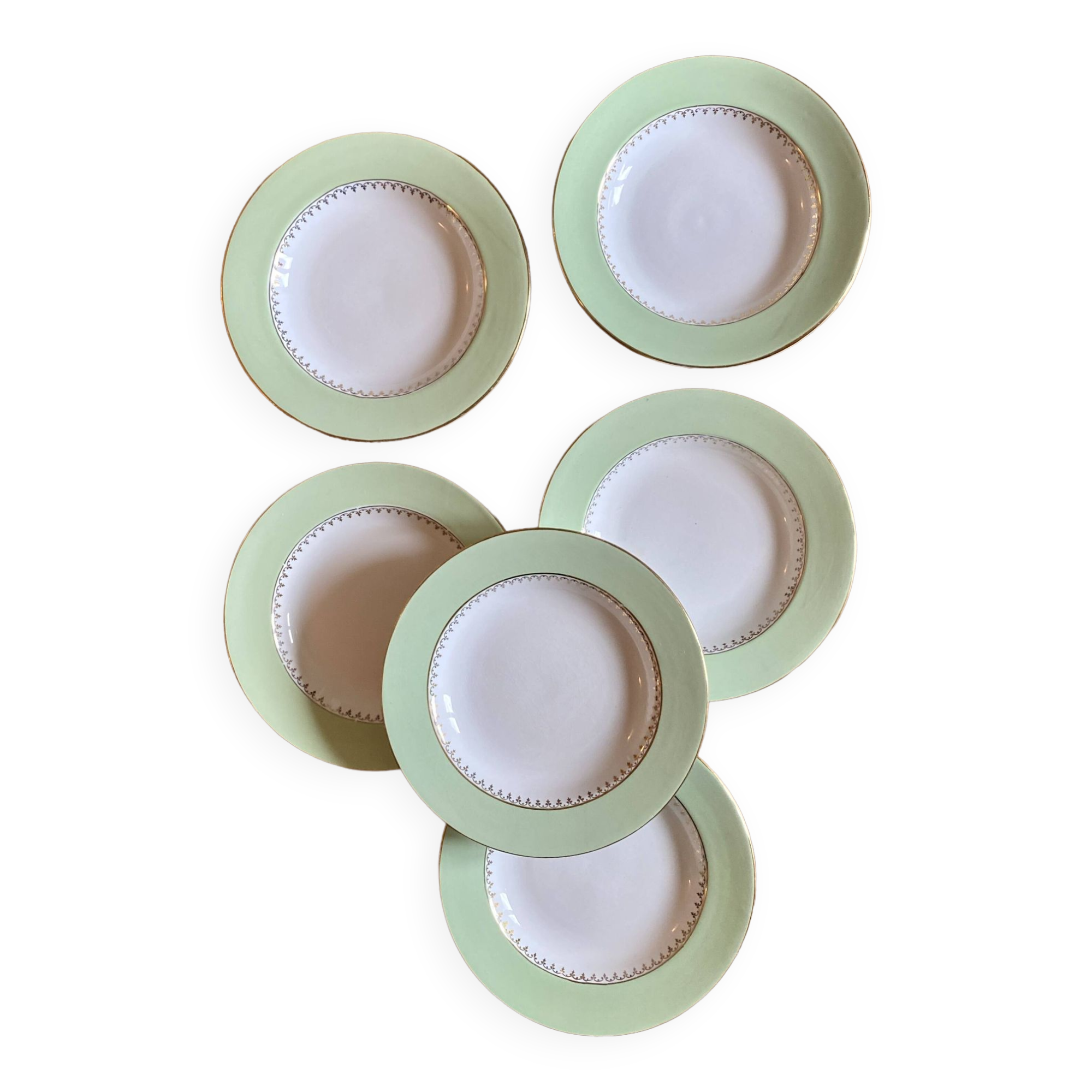 Set of 6 old mint and white hollow plates, the Amandinoise