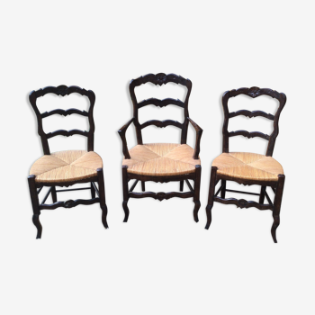 Fauteuil et 2 chaises paille rustique