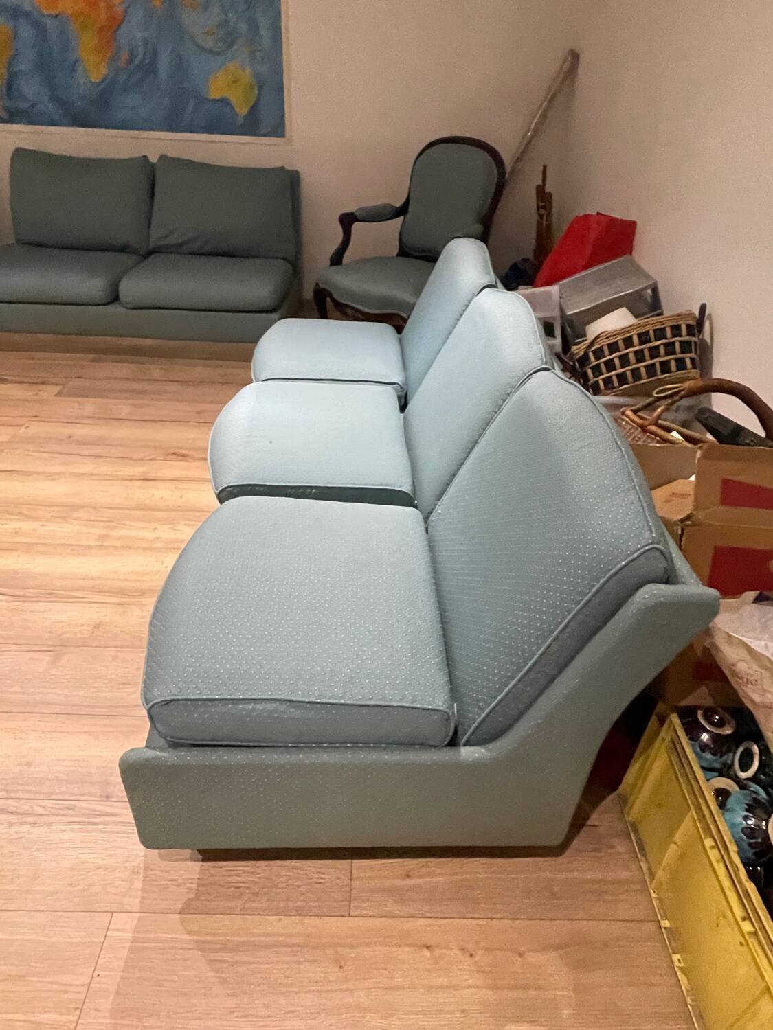 Banquette sofa circa 1970 blue fabric/yellow polka dots