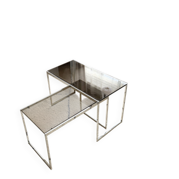 Set de 2 tables basse gigognes vintage en métal chromé et verre fumé