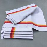 5 old tea towels in ecru linen with orange, red and yellow stripes