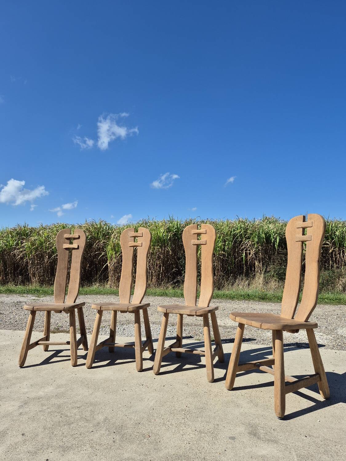 Set 4 vintage brutalist dining chairs De Puydt Belgium solid oak