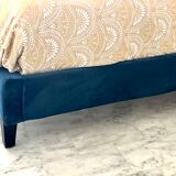 Adult bed 160x200 with dark duck blue velvet upholstered headboard