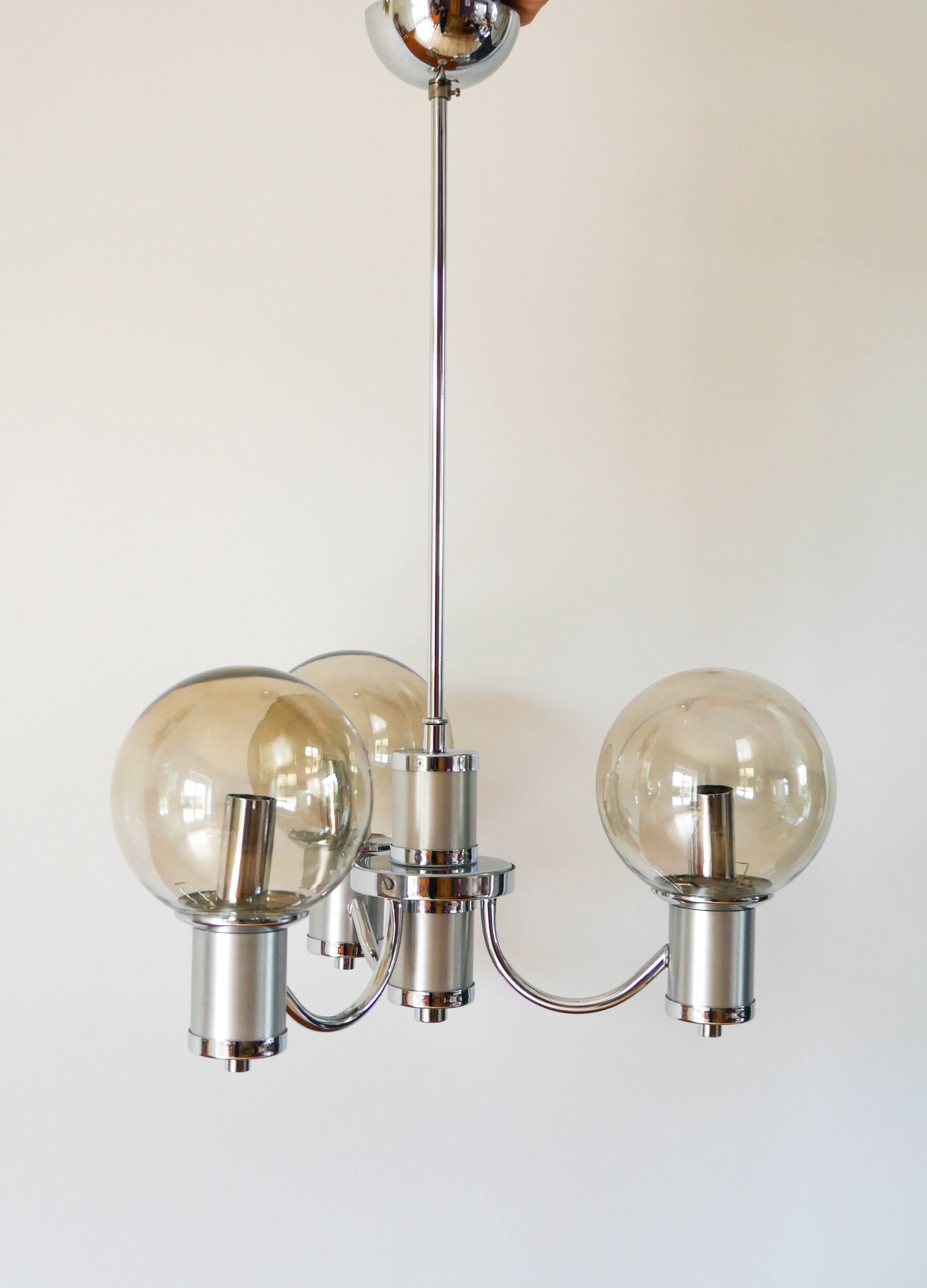 Three-branched chandelier, in chrome and smoked glass globes, Design, 1970