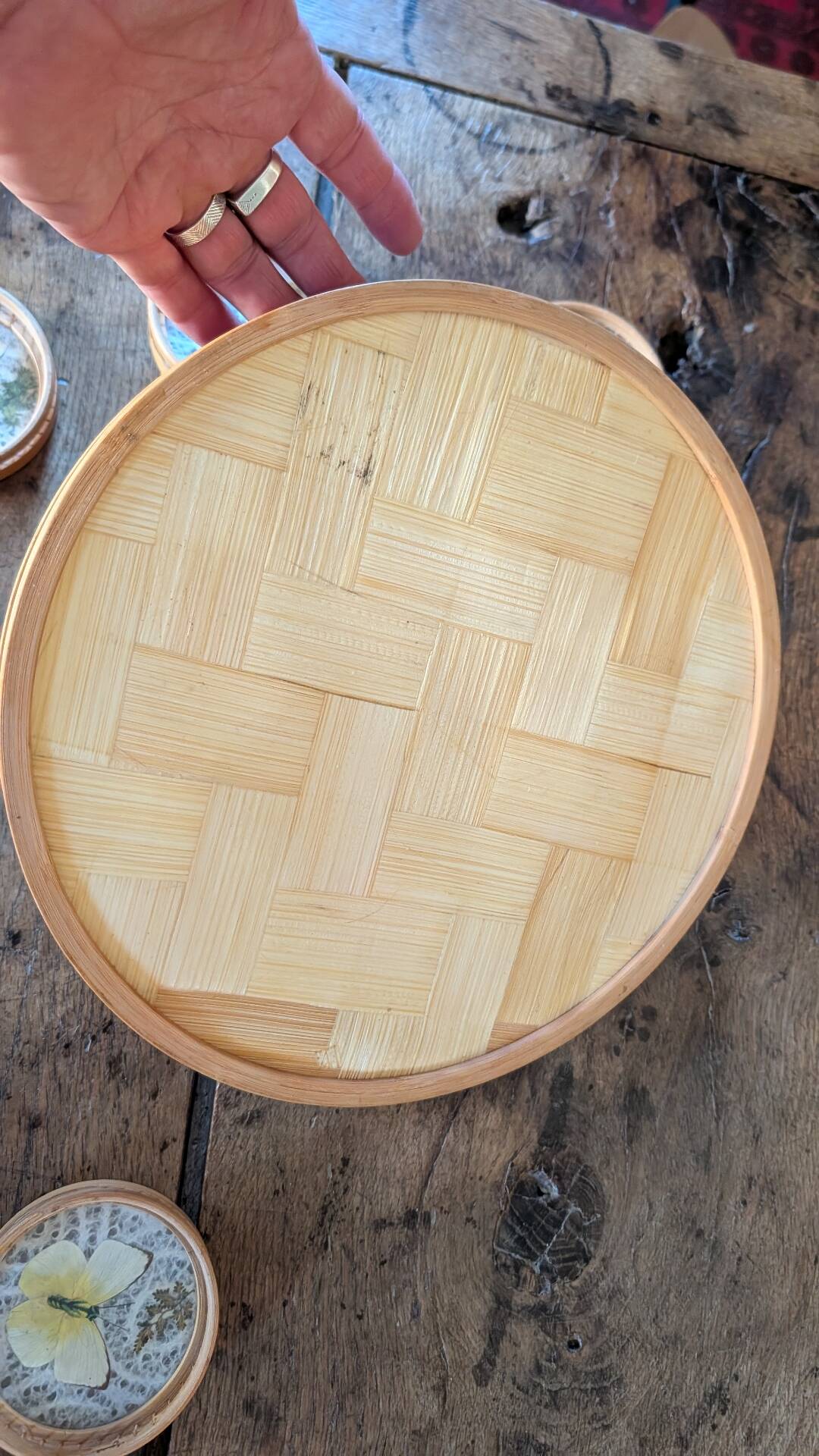 Vintage bamboo tray + 6 butterfly coasters from the 70s
