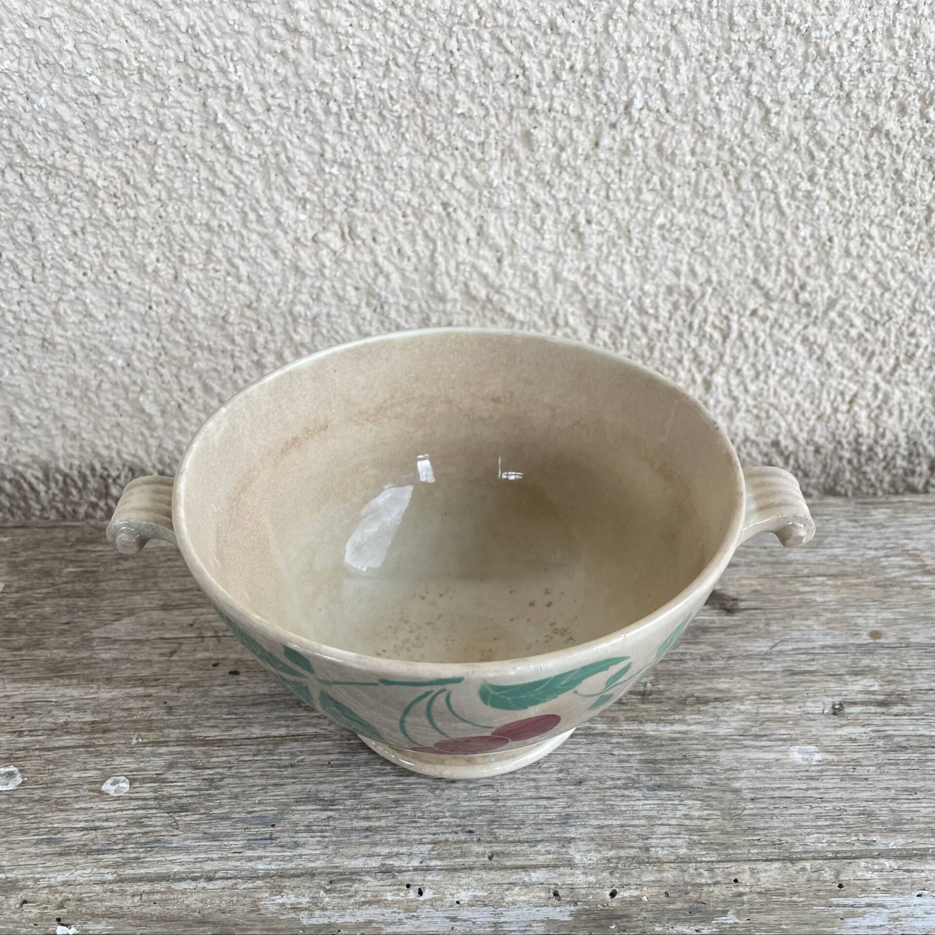 Earthenware bowl, café au lait bowl, antique, France, cherries.