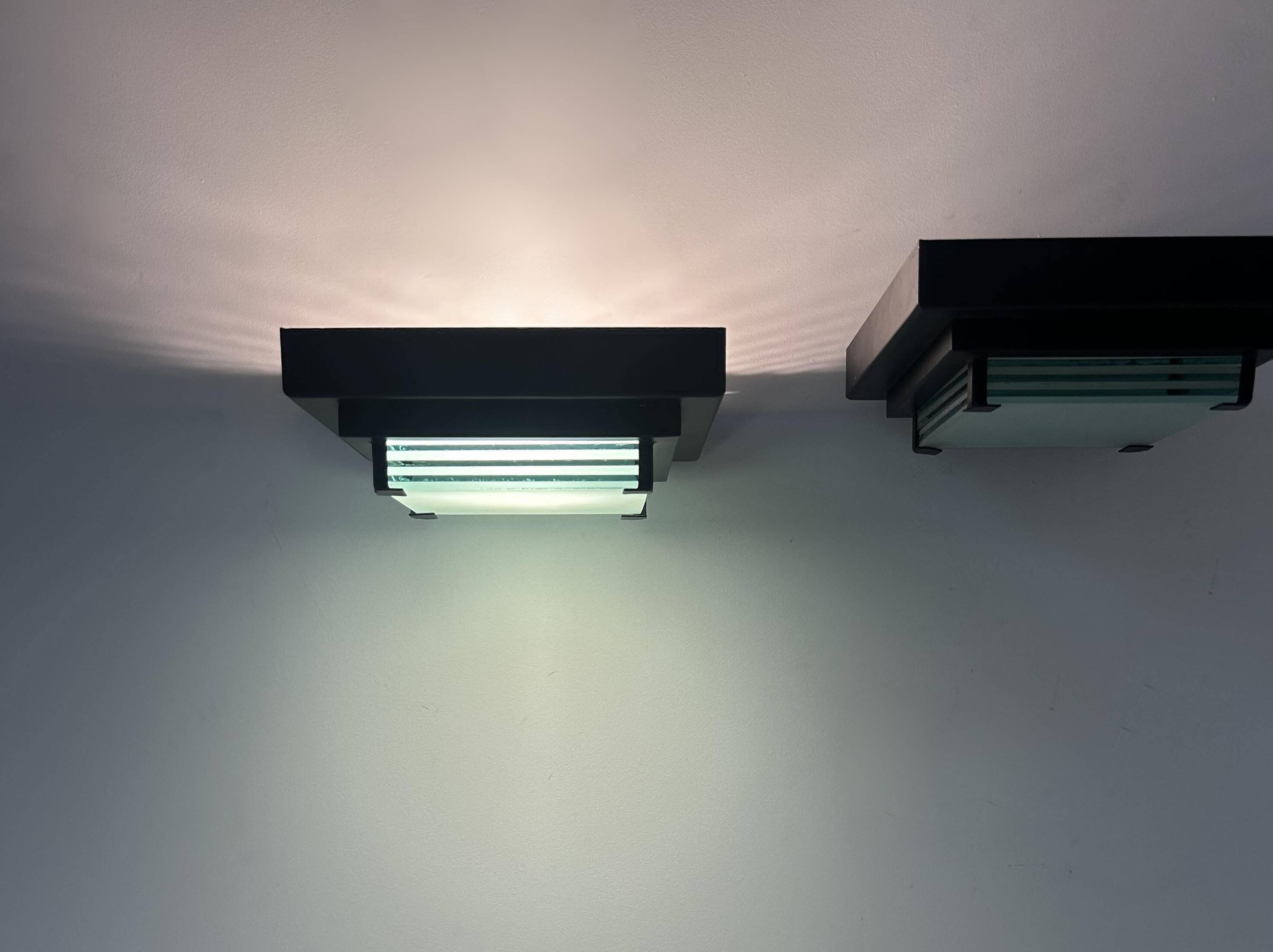 Pair of vintage post modernist wall lights, glass and sandblasted glass, France 1980