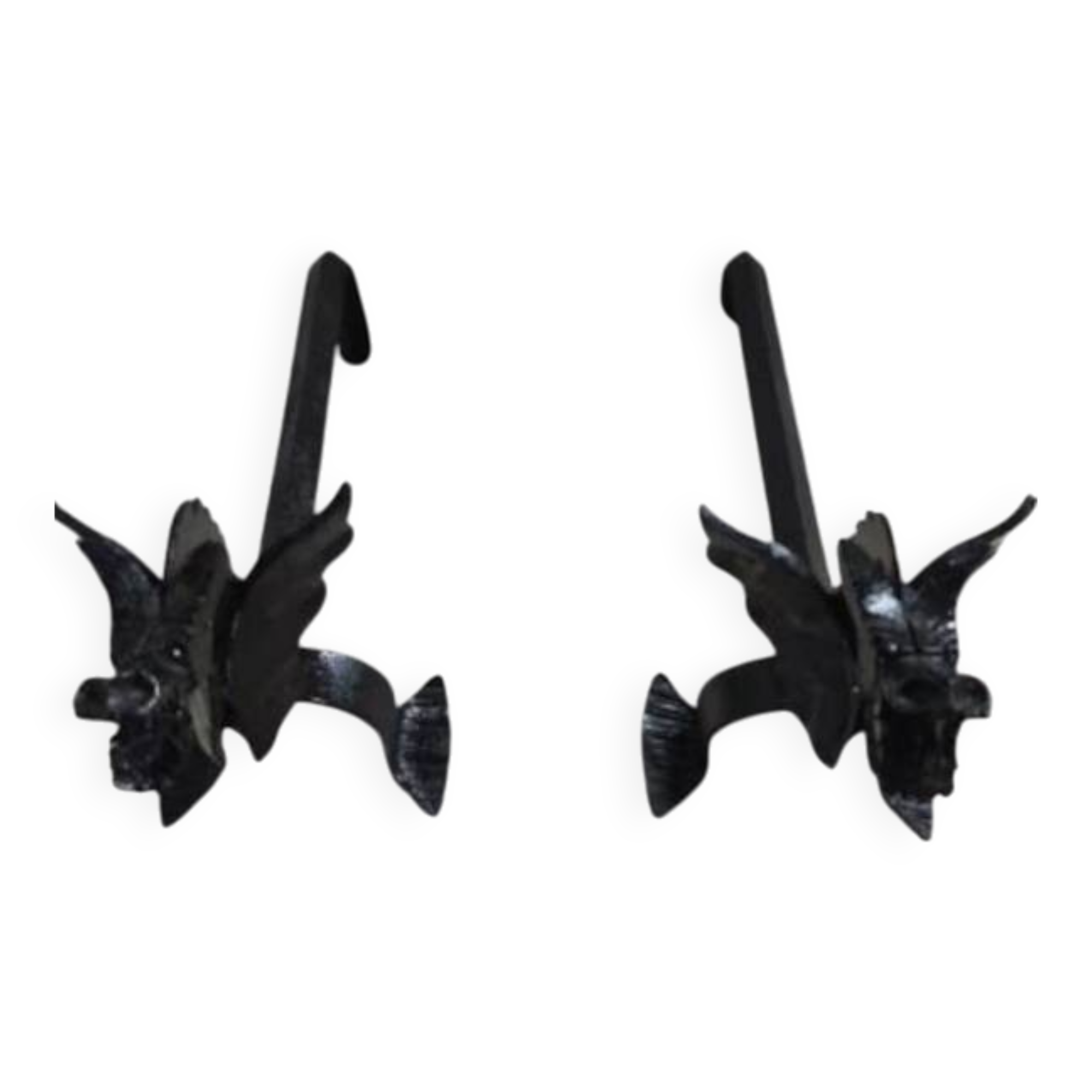 A pair of wrought iron andirons with dragon heads, 1970s.