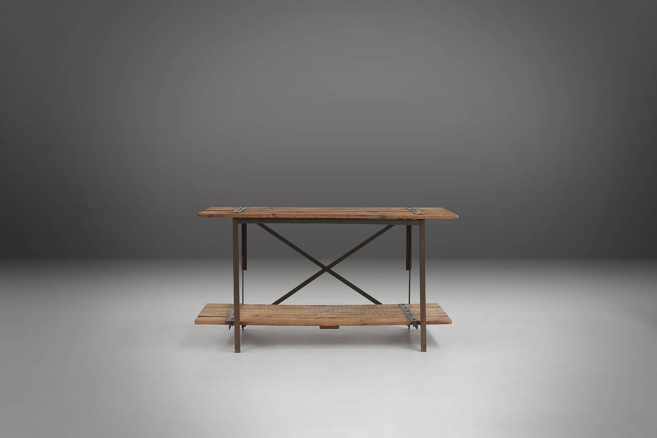 Industrial side table with metal frame and wooden top and removable platform, Belgium, 1920