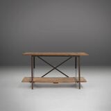Industrial side table with metal frame and wooden top and removable platform, Belgium, 1920