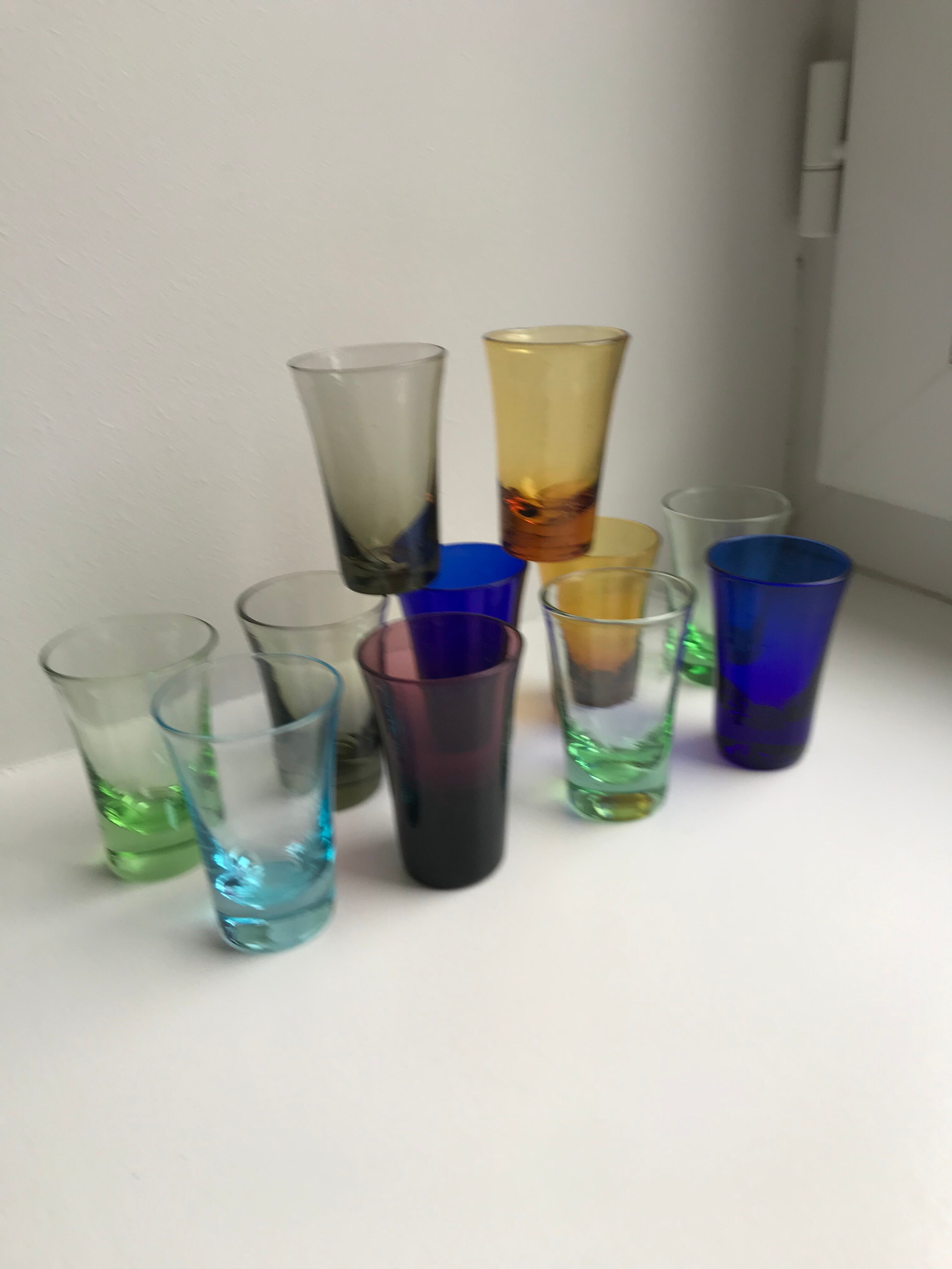 Set of 11 colored glass shot glasses 70s