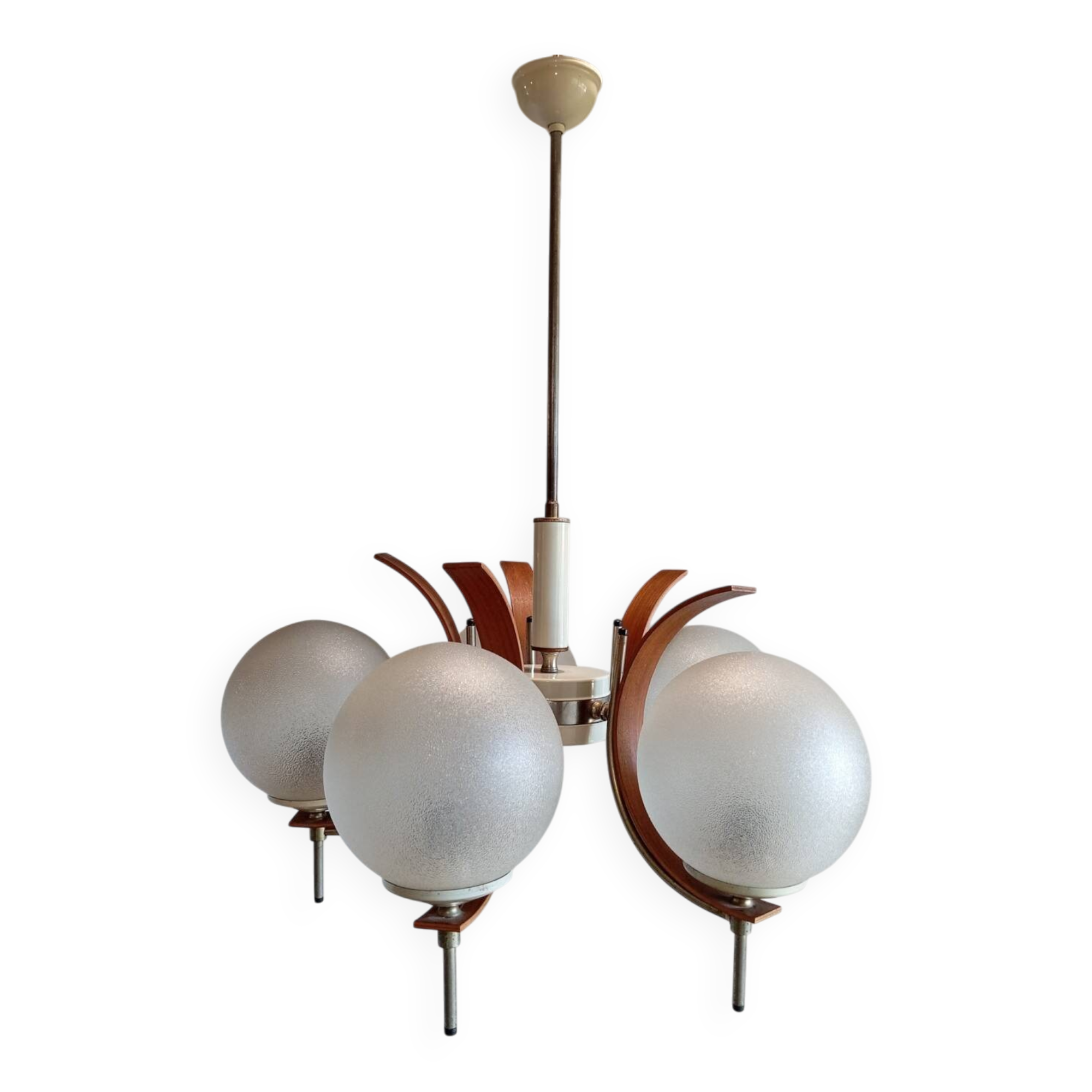 Scandinavian suspension in teak, glass, and metal.