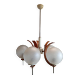 Scandinavian suspension in teak, glass, and metal.