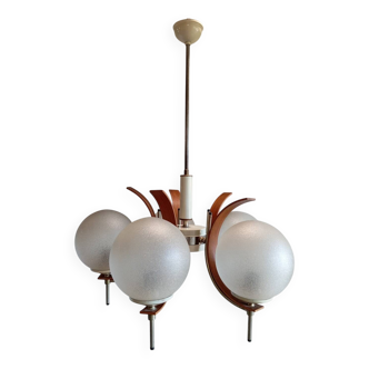 Scandinavian suspension in teak, glass, and metal.