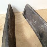 Pair of modernist anthropomorphic fireplace andirons, brutalist log holders 1950s