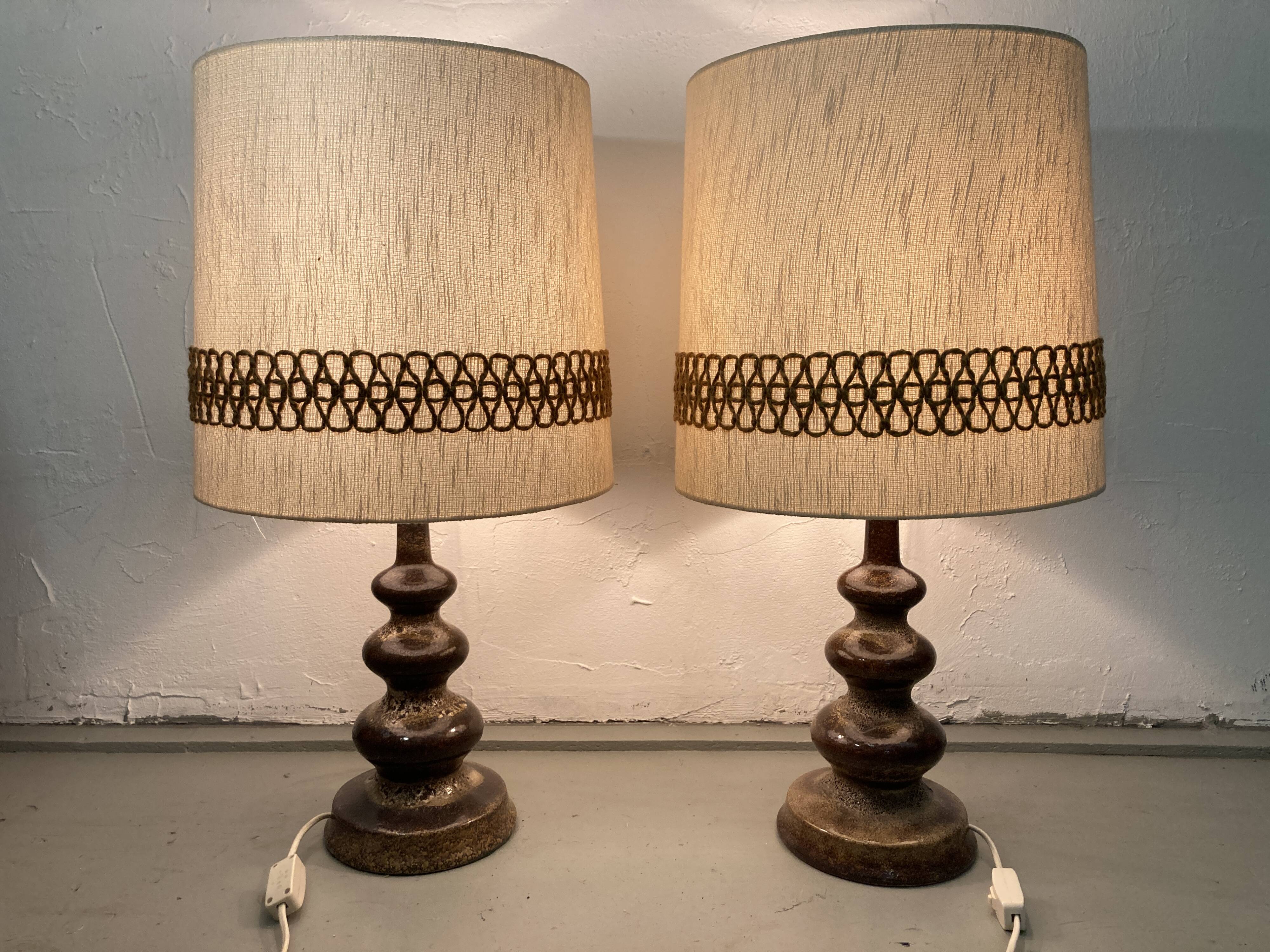 Pair fat lava ceramic curvy organic table lamps, Germany, 1960s