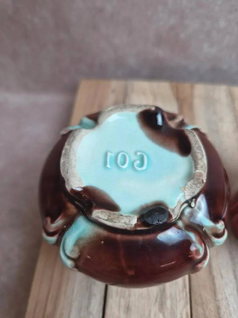 Antique majolica barbotine set – tray and 4 small pots – Art Nouveau