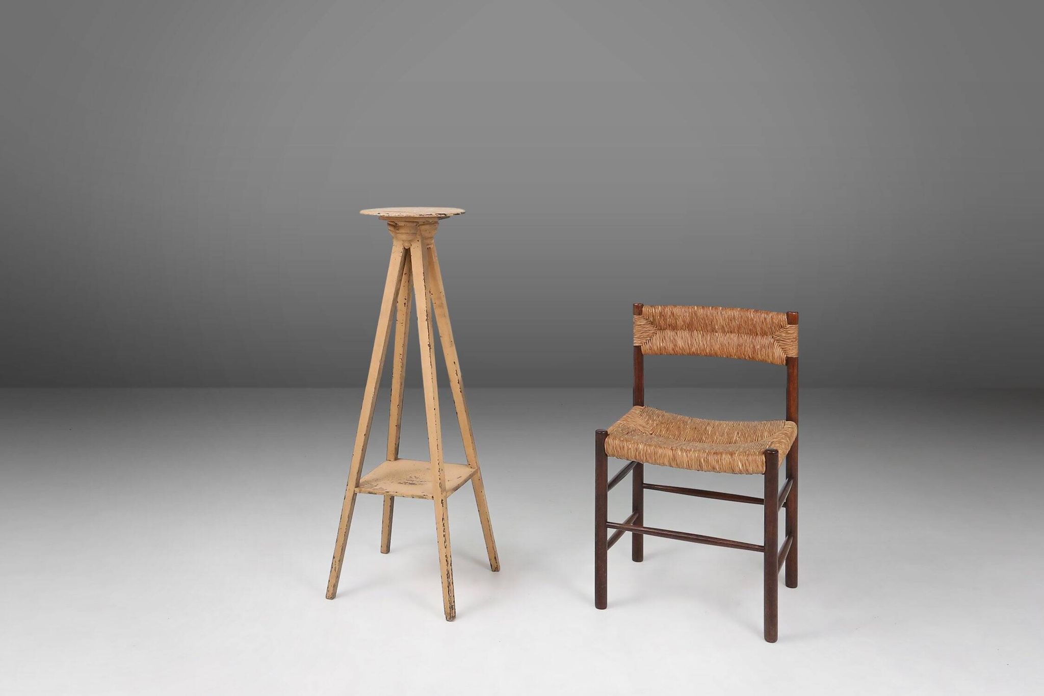 Industrial painted wooden tripod Console with rich patina, France 1900s