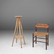 Industrial painted wooden tripod Console with rich patina, France 1900s