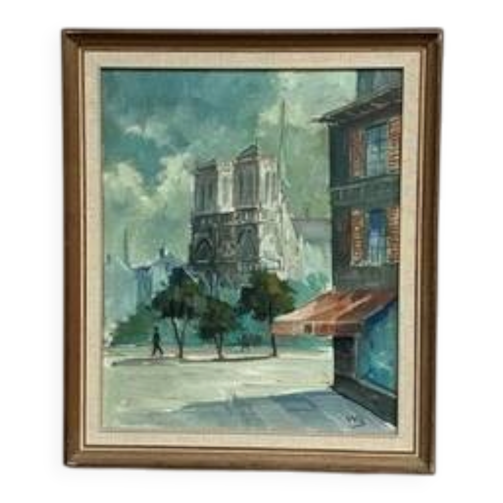 Huile sur toile du milieu du siècle – « Scène de ville » par WB, signée, vintage et encadrée 40×47cm