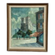 Huile sur toile du milieu du siècle – « Scène de ville » par WB, signée, vintage et encadrée 40×47cm