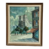 Huile sur toile du milieu du siècle – « Scène de ville » par WB, signée, vintage et encadrée 40×47cm