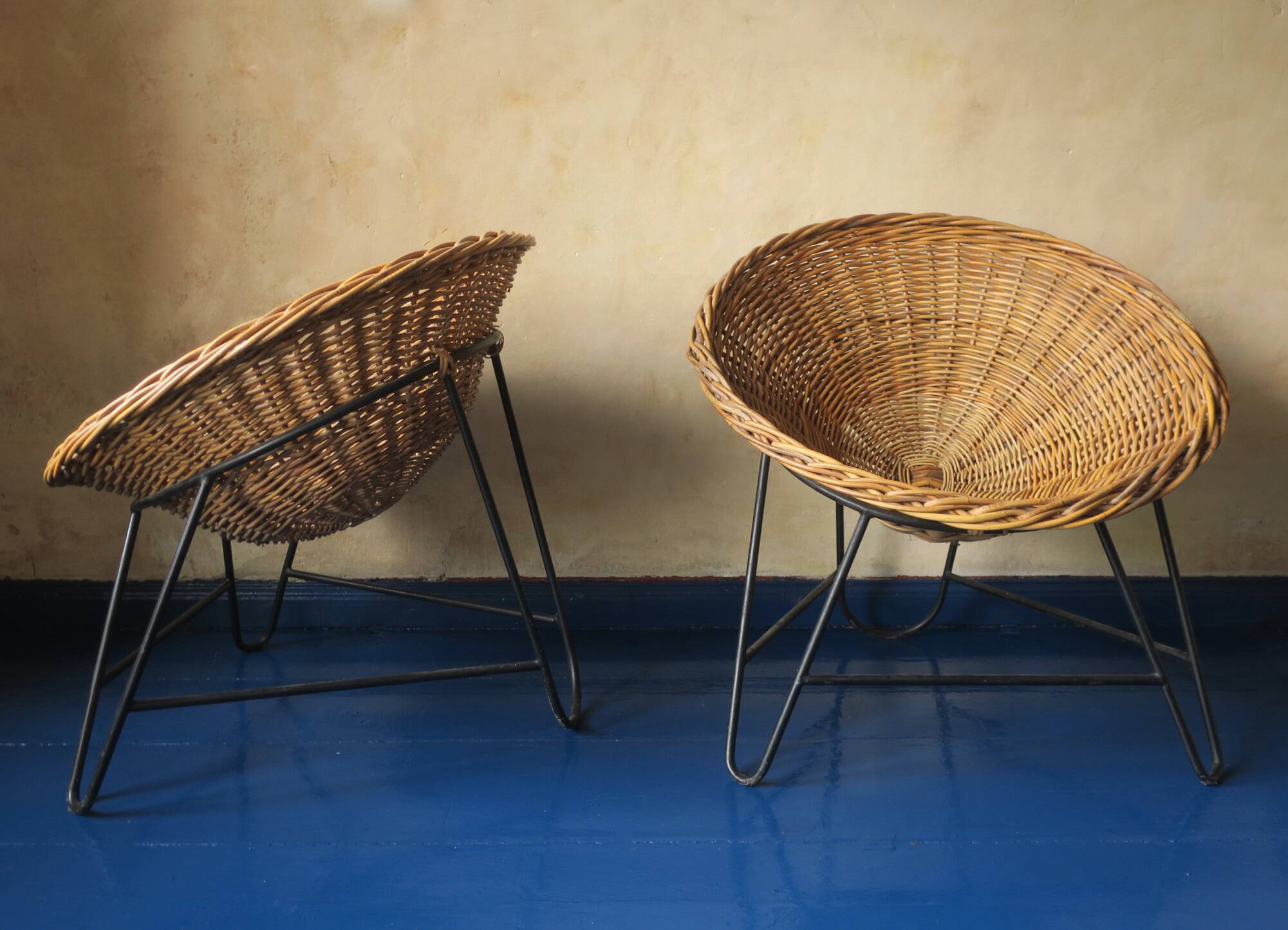 Pair of mid century bamboo and iron pod chairs, 1960s