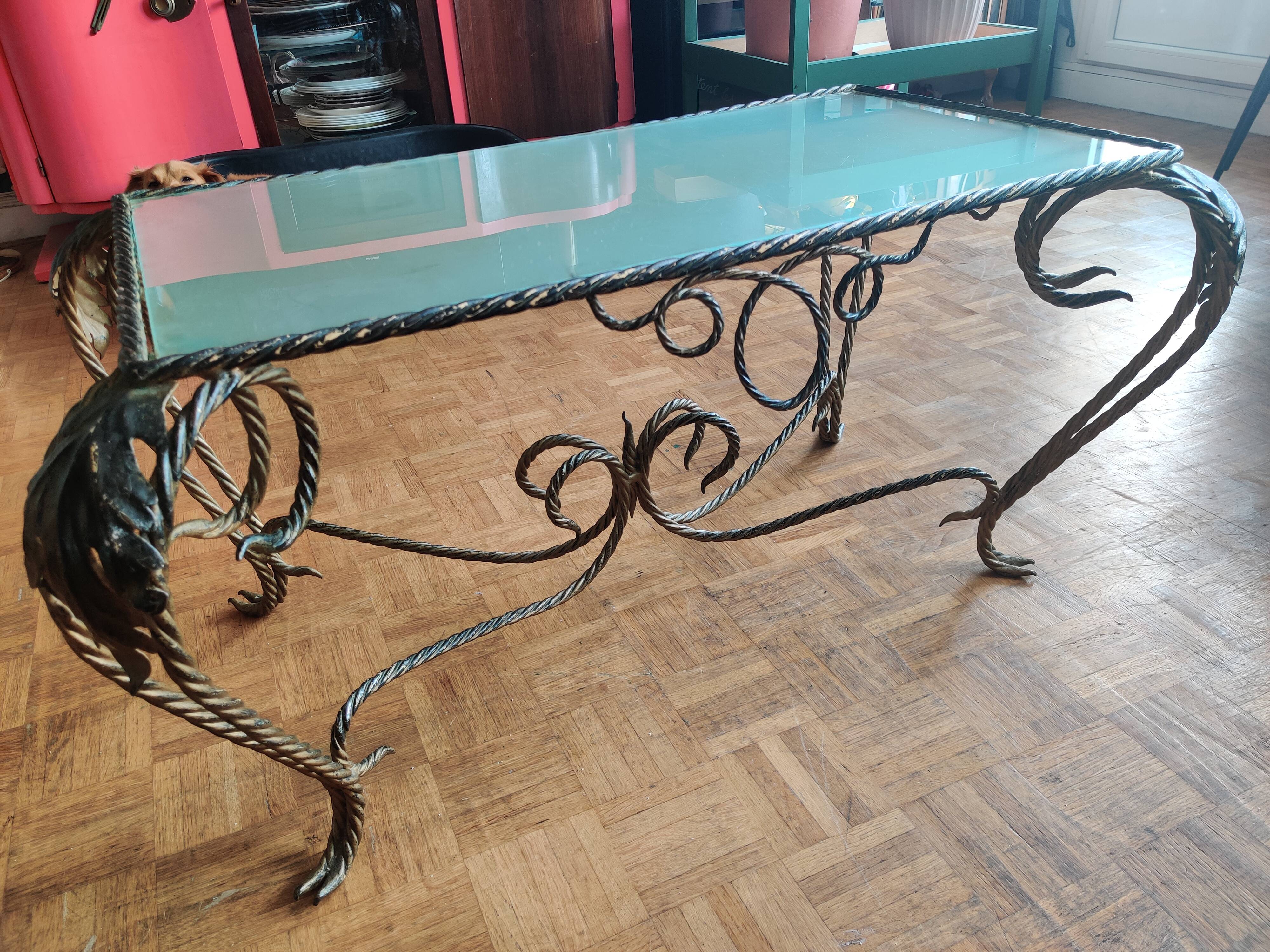 Vintage rectangular coffee table in turned wrought iron, golden patina