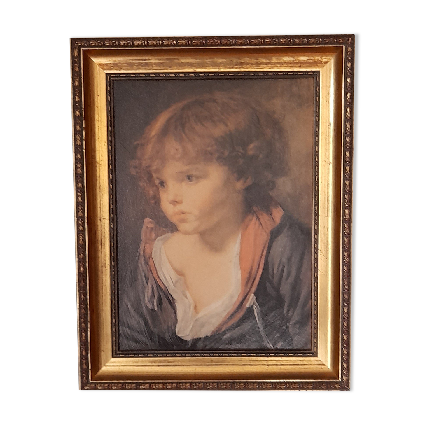 Table JB. Greuze young boy "the blonde child", reprod oil painting, under gilded frame 23x29 cm