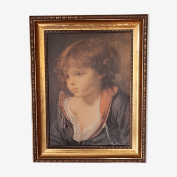 Table JB. Greuze young boy "the blonde child", reprod oil painting, under gilded frame 23x29 cm