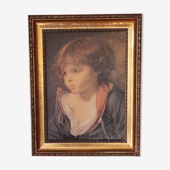 Tableau JB.Greuze jeune garçon "l'enfant blonde" reprod peinture huile, sous cadre doré 23x29 cm
