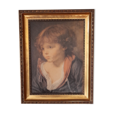 Table JB. Greuze young boy "the blonde child", reprod oil painting, under gilded frame 23x29 cm