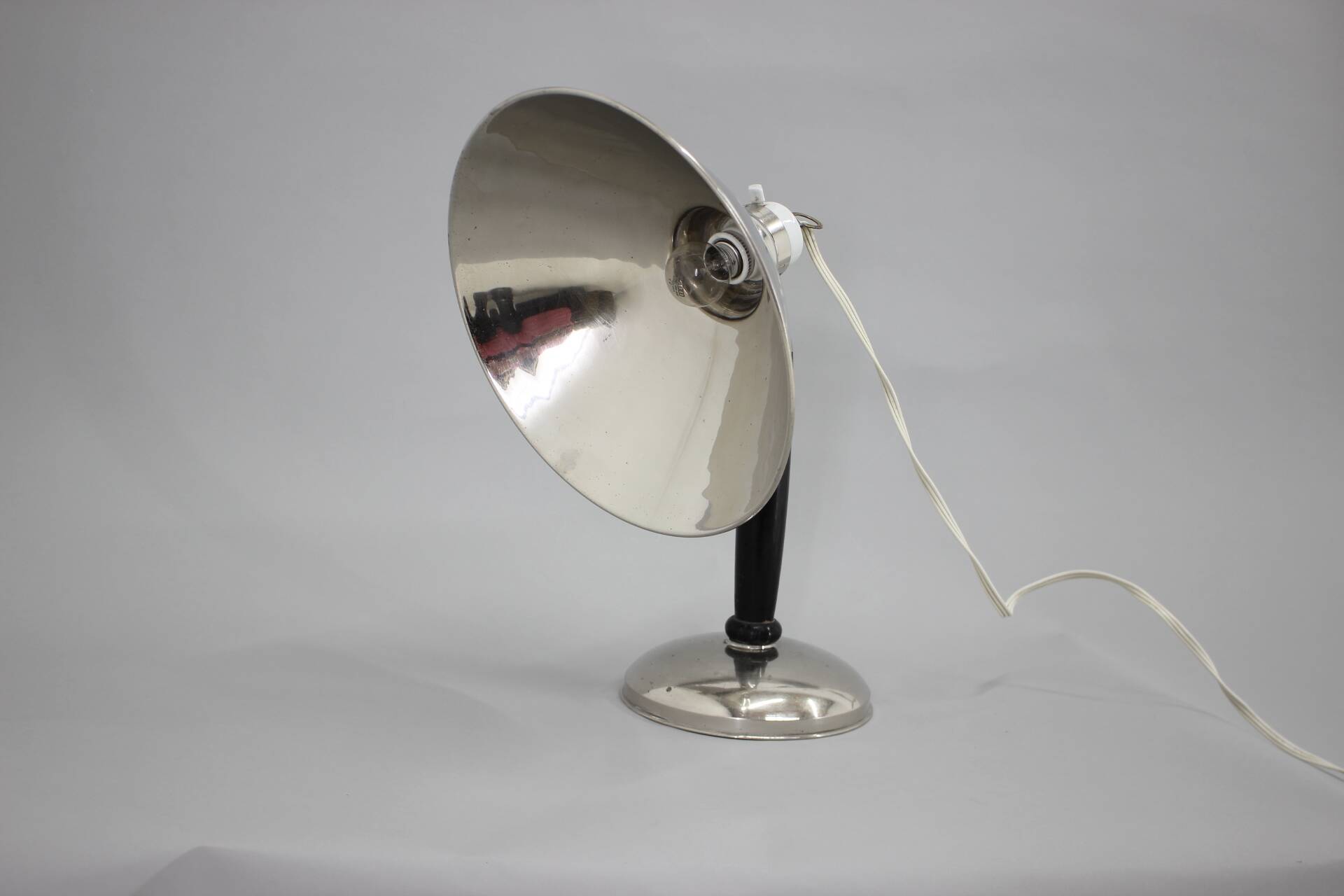 1950s Industrial Chrome & Wood Table Lamp with Ceramic Switch, Czechoslovakia