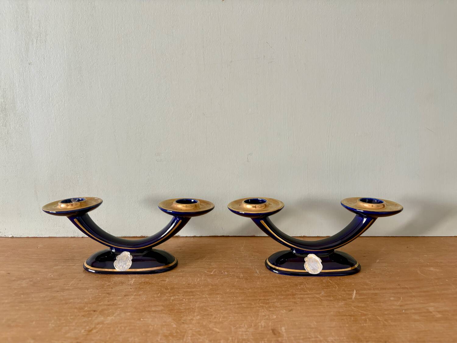 Set of 2 vintage blue and gold ceramic candle holders