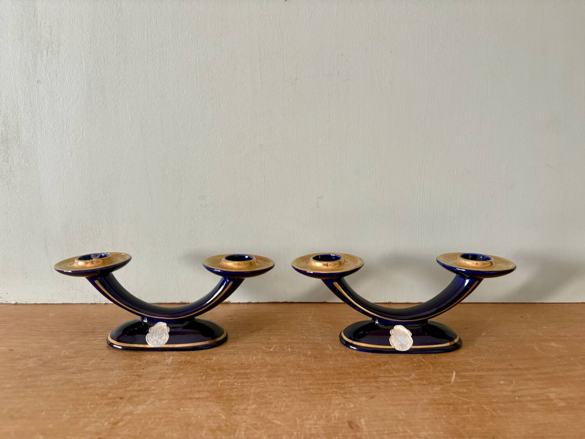 Set of 2 vintage blue and gold ceramic candle holders