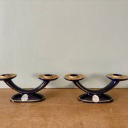 Set of 2 vintage blue and gold ceramic candle holders