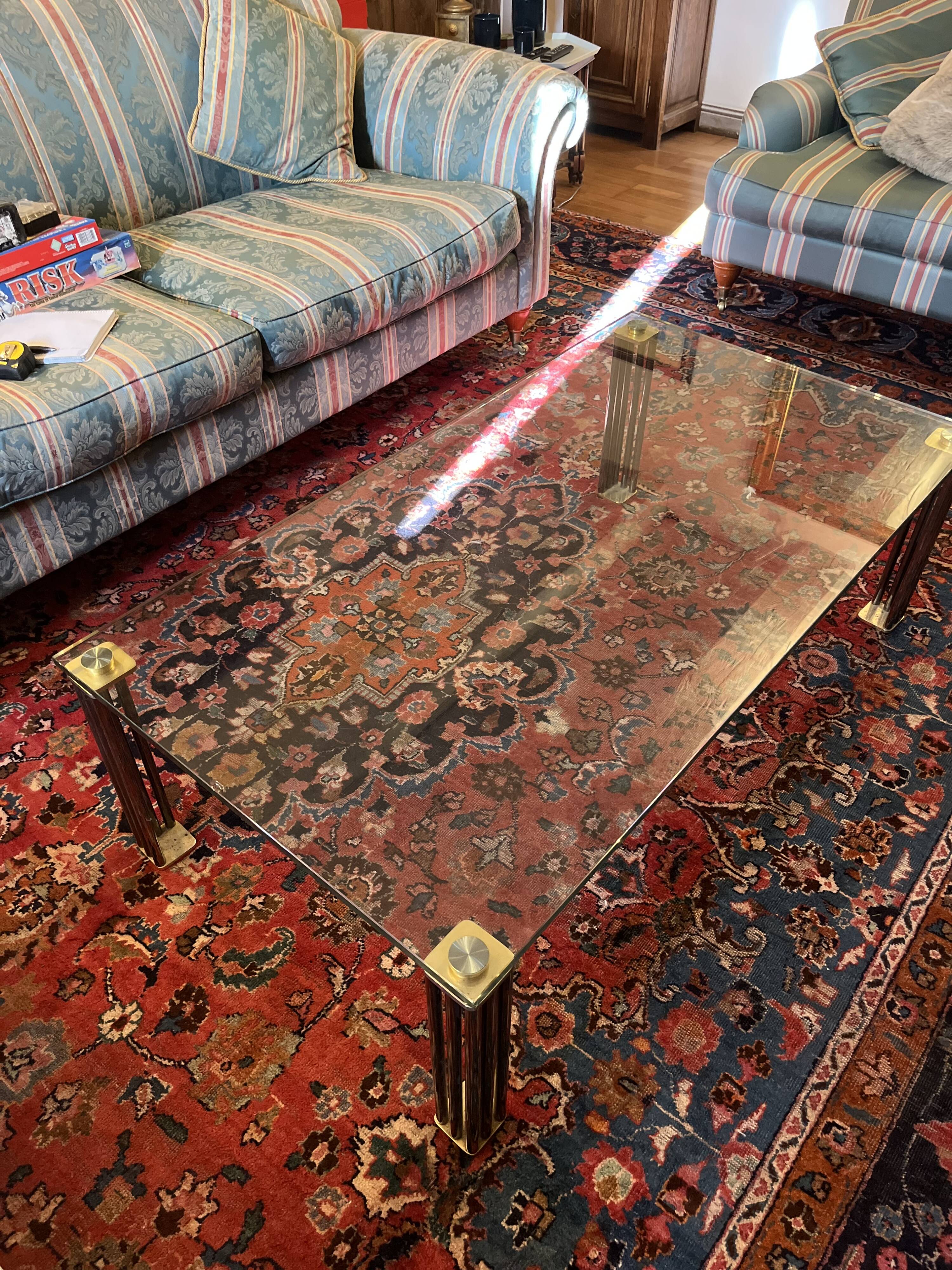Vintage Hollywood Style Coffee Table - Glass, Brass & Fluted Legs,