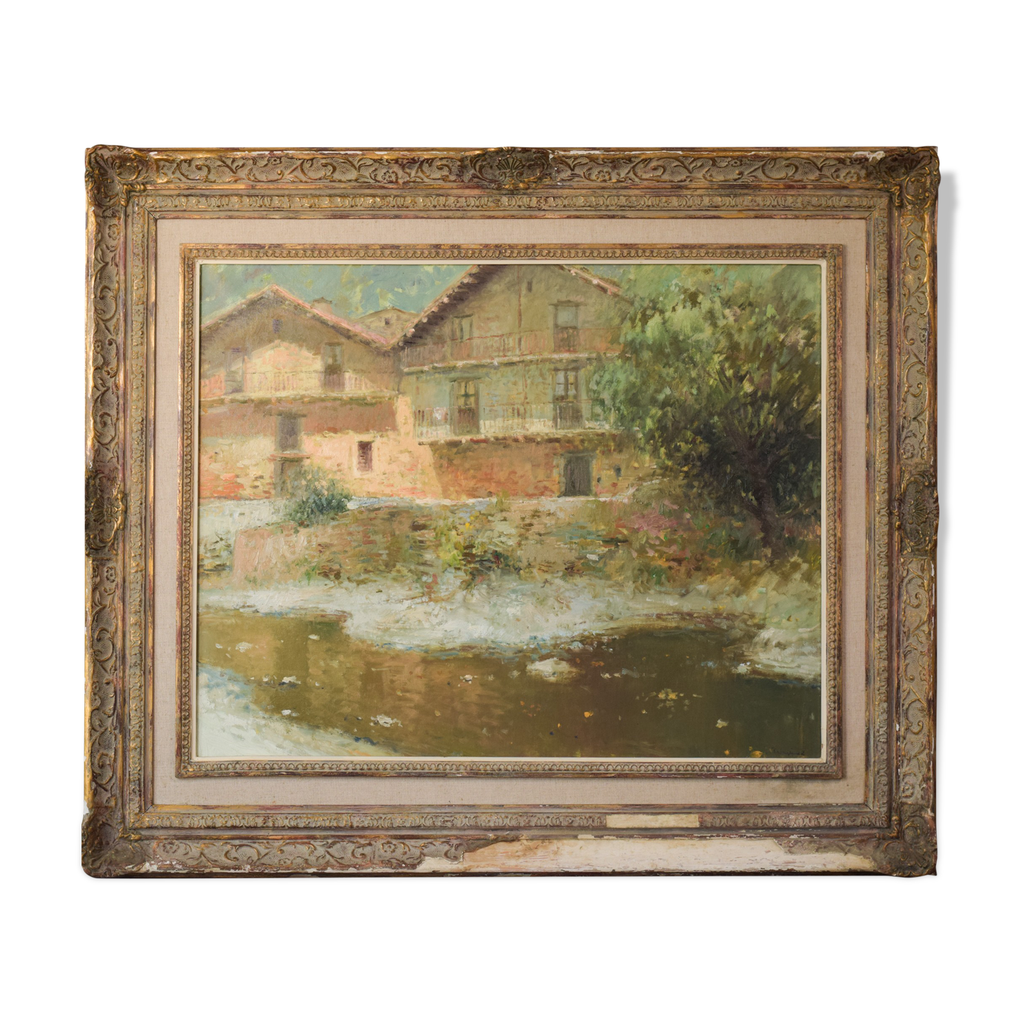 Joan Ramon Palau Junca - Impressionist Painting with River and Chalets