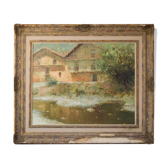 Peinture impressionniste avec rivière et chalets, Joan Ramon Palau Junca