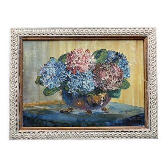 Huile sur panneau Bouquet de fleurs d'hortensias par Brassier