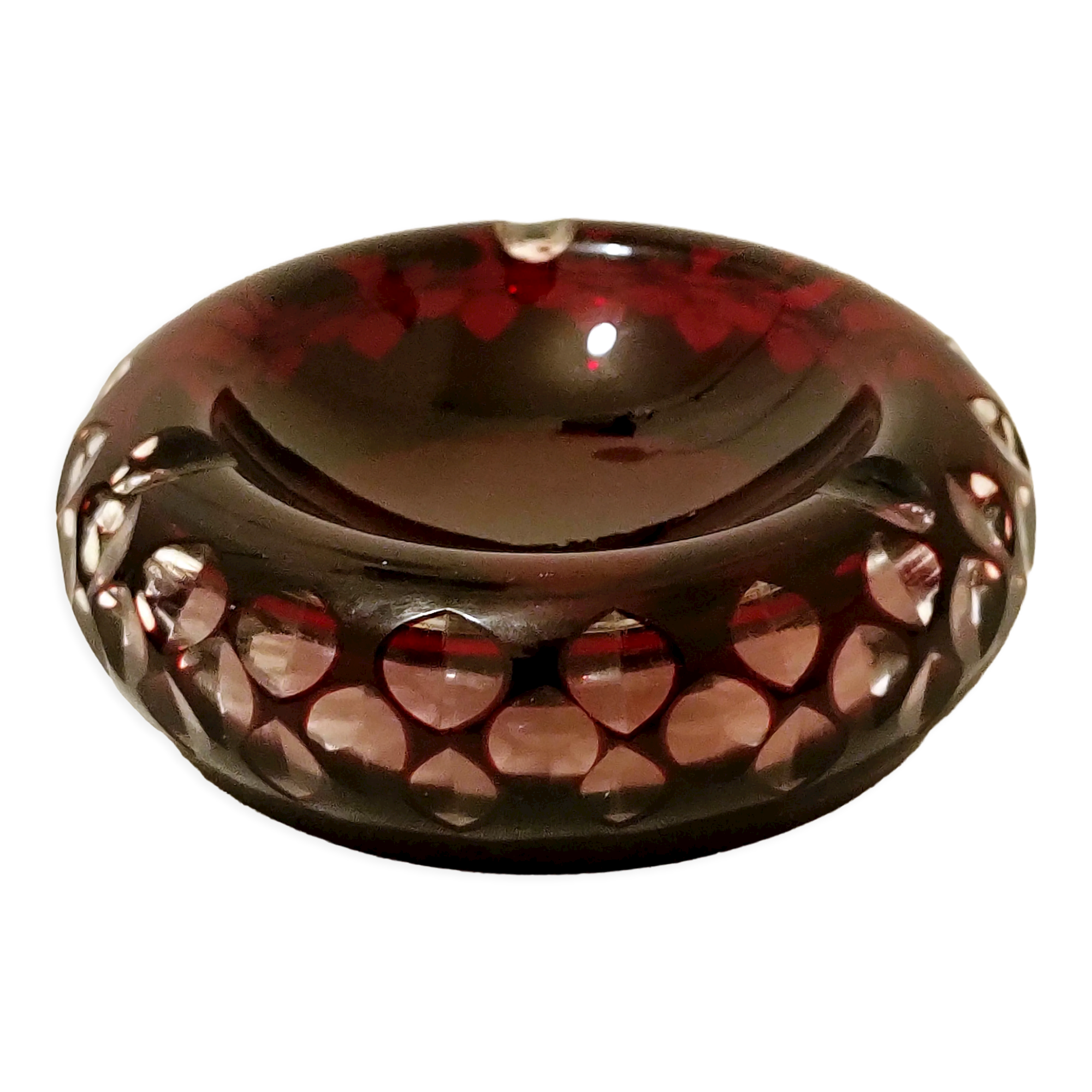 Cut Overlay crystal ashtray Bohemian crystal factory with three notches cigarettes - perfect condition