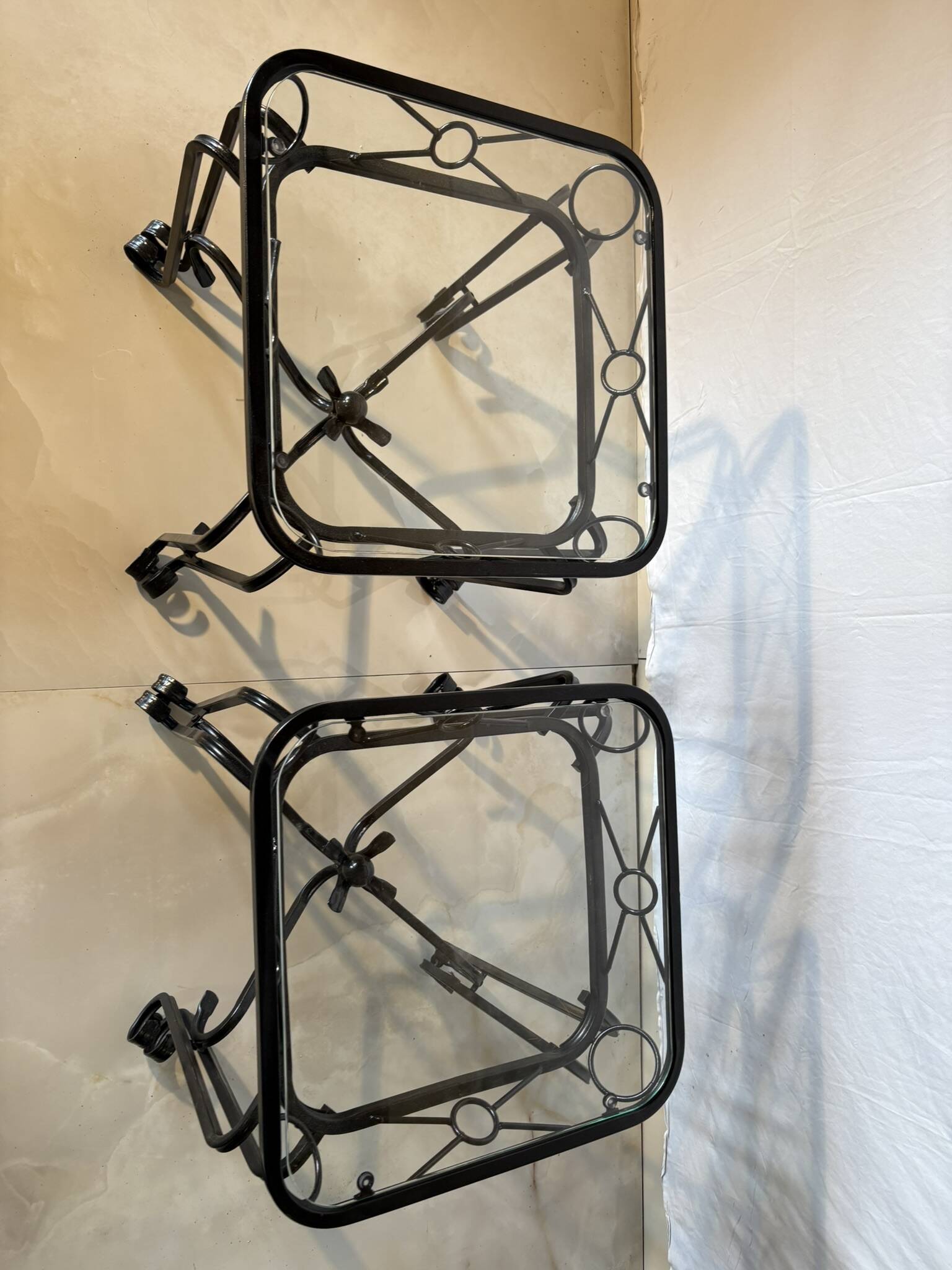 Pair of vintage wrought iron and glass side tables – Mediterranean style