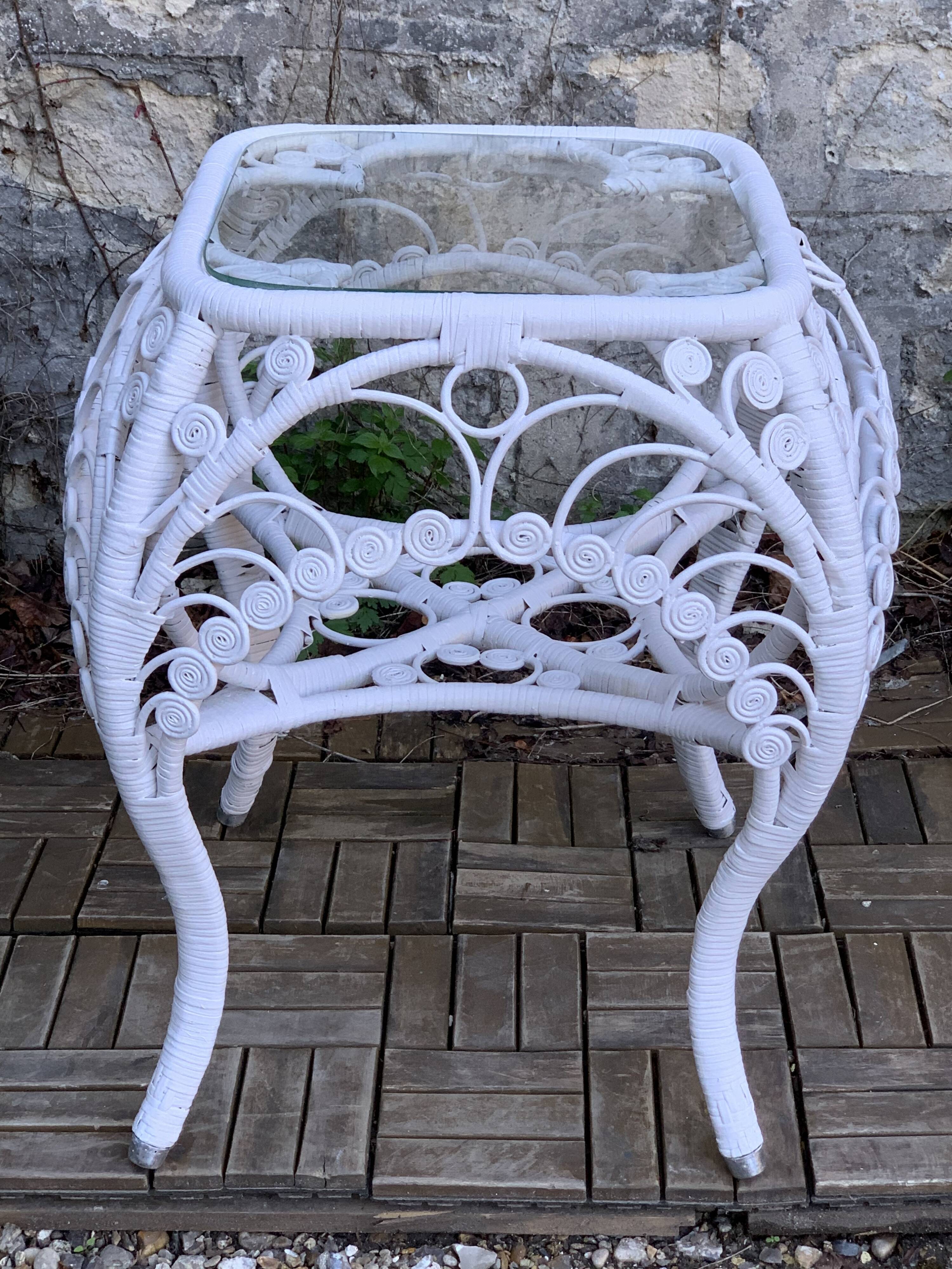 Peacock white rattan side table 1970