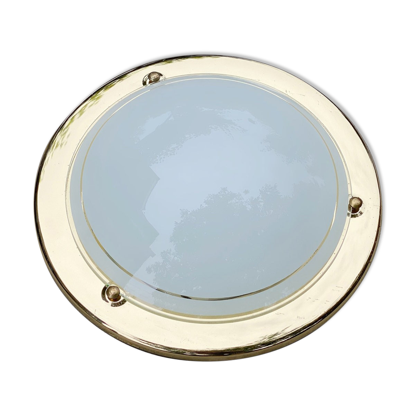 Vintage round ceiling lamp brass & white glass, Gold, Hollywood Regency, Wall sconce