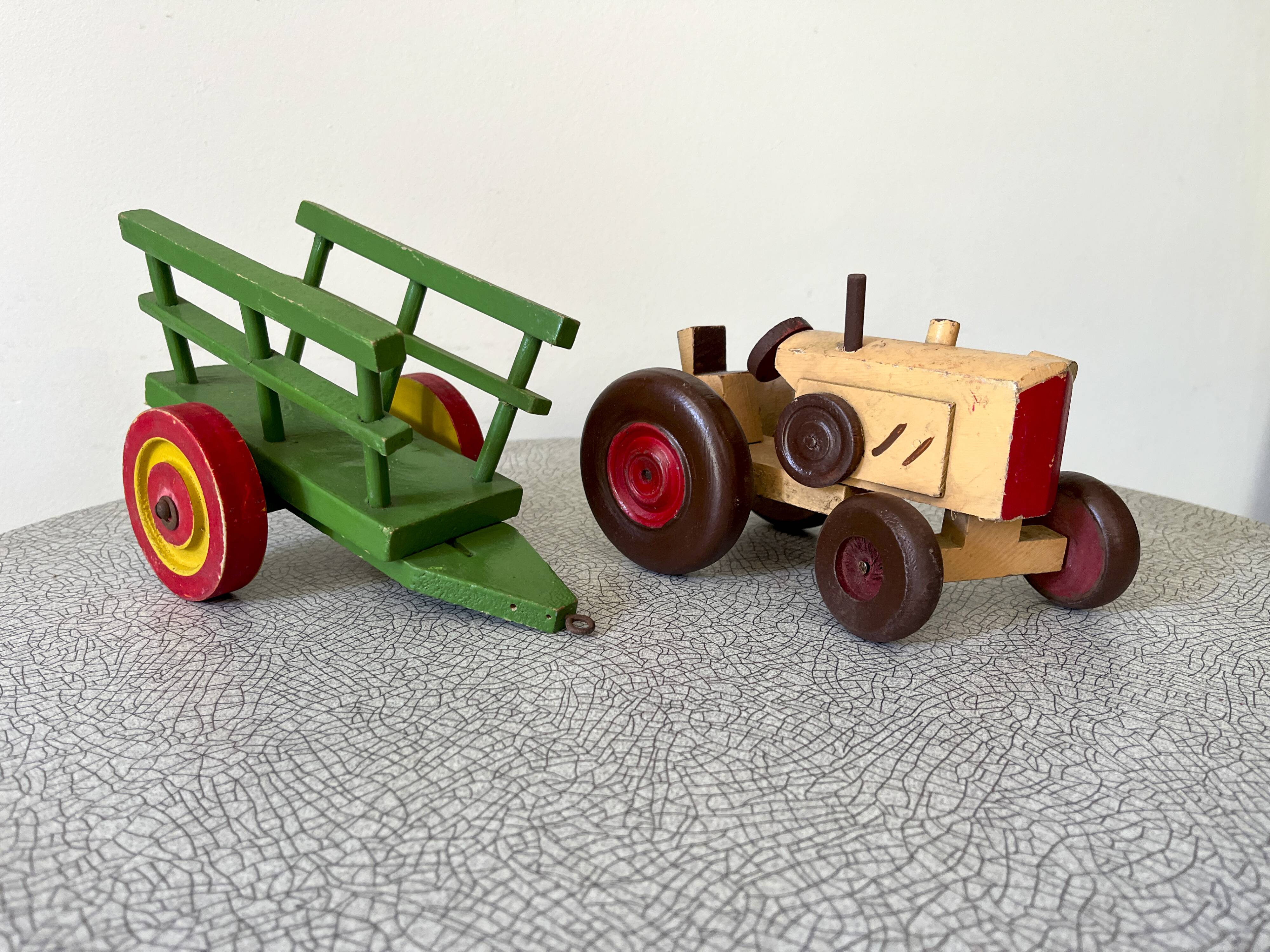 Wooden tractor with trailer, antique toy
