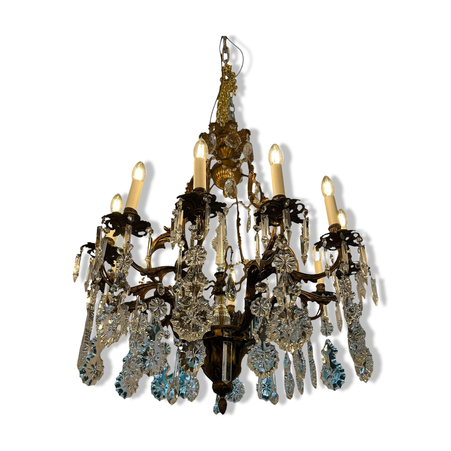 Italian 1940’s Bronze brass and Crystal chandelier