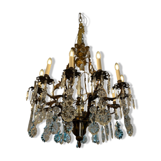 Italian 1940’s Bronze brass and Crystal chandelier