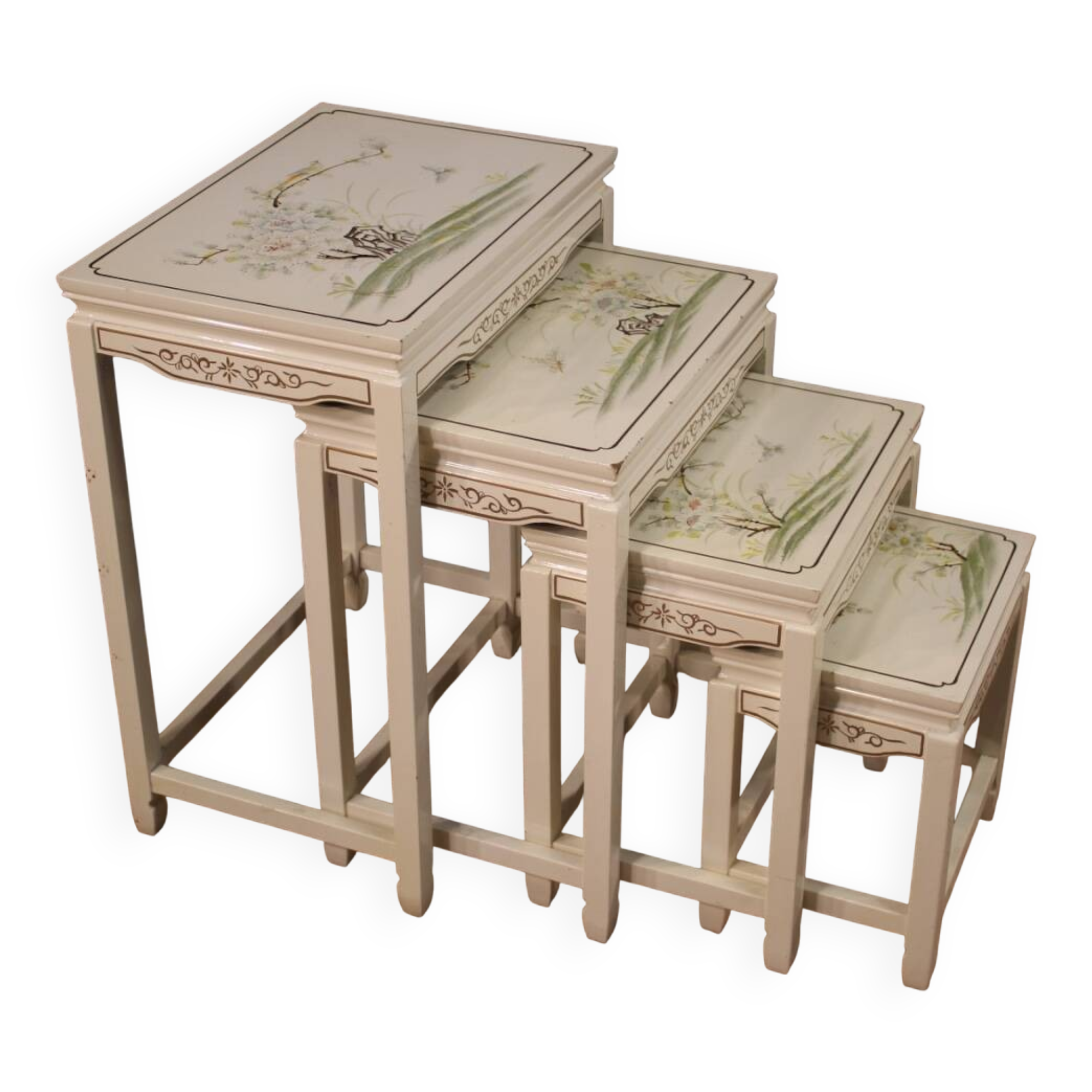 Set of 4 French lacquered and painted coffee tables