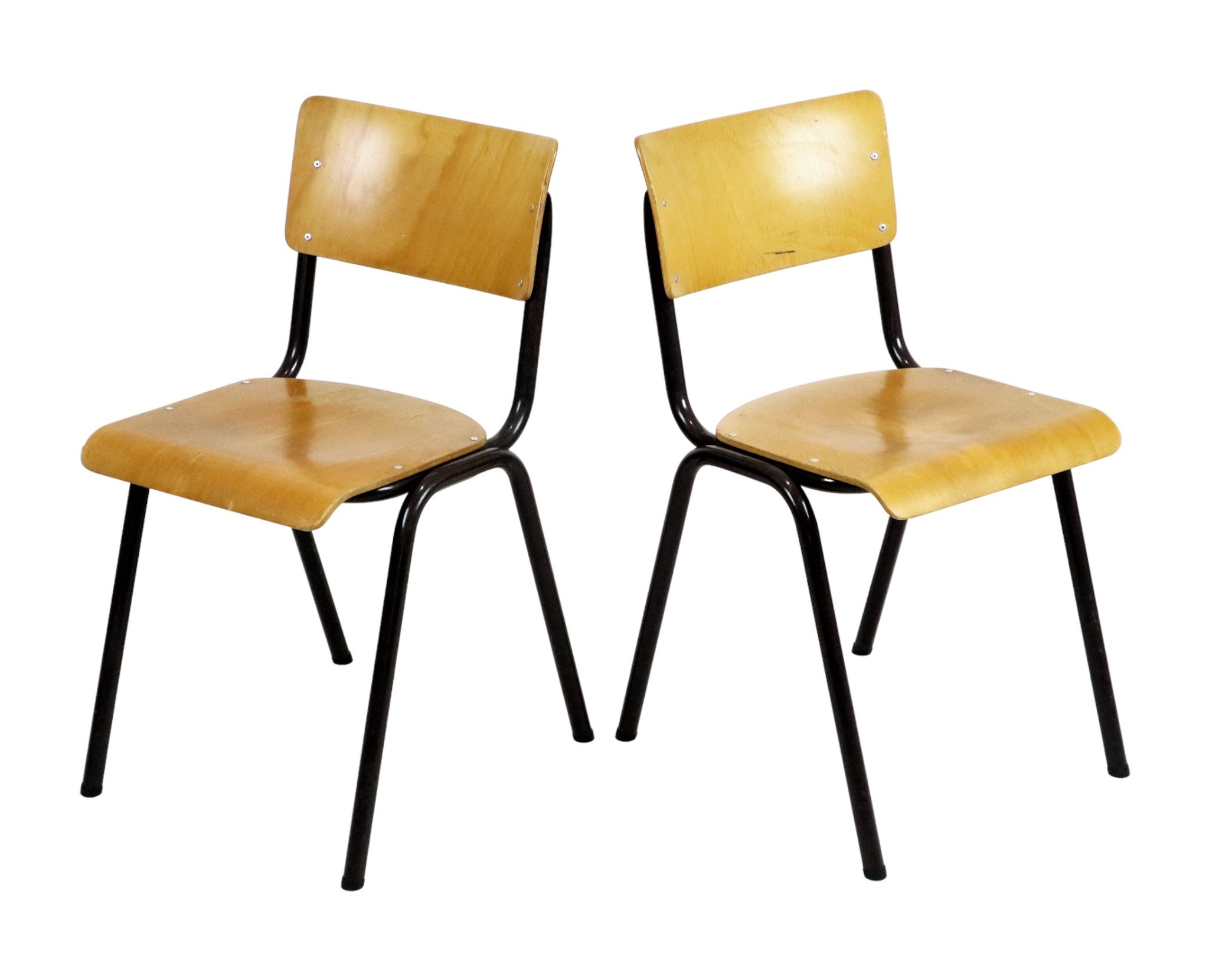 Vintage School Canteen Chairs 1970s Wood and Metal Set of 4